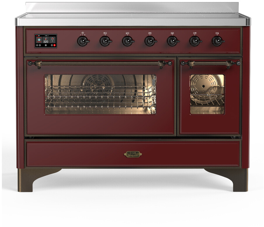 ILVE UMIB48NR3BUB Majestic III 48 inch Induction Range with 6 Elements, 5.02 cu. ft. Total Dual Oven Capacity (Triple Glass Door, Burgundy, Burnished)