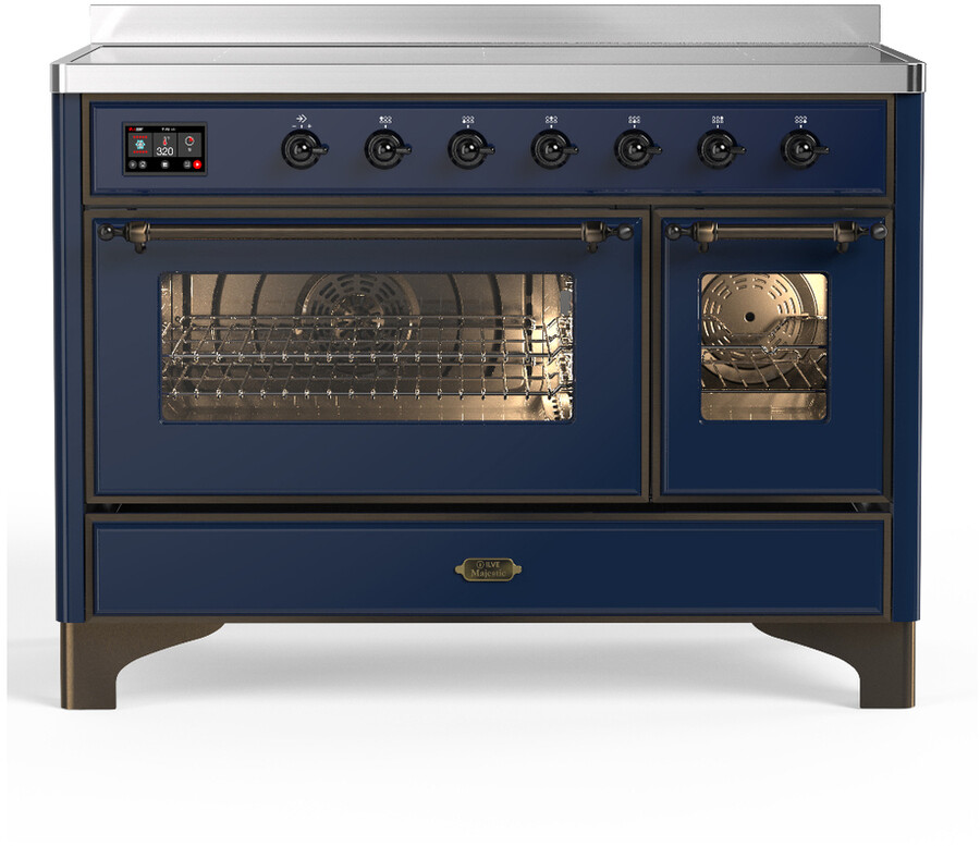 ILVE UMIB48NR3MBB Majestic III 48 inch Induction Range with 6 Elements, 5.02 cu. ft. Total Dual Oven Capacity (Triple Glass Door, Midnight Blue, Burnished)