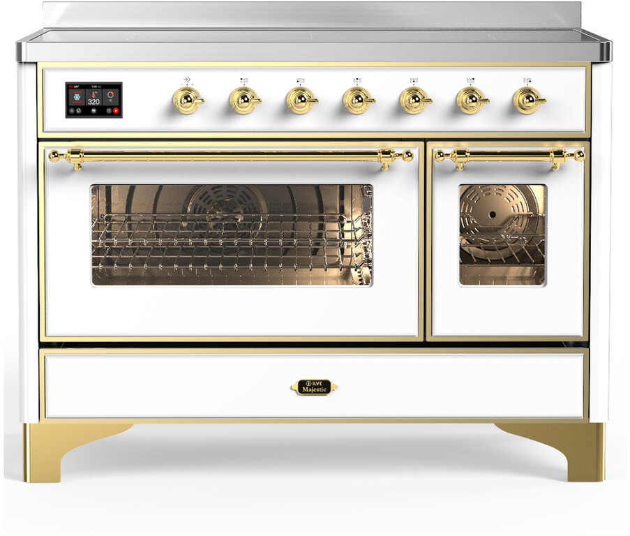 ILVE UMIB48NR3WHG Majestic III 48 inch Induction Range with 6 Elements, 5.02 cu. ft. Total Dual Oven Capacity (Triple Glass Door, White, Brass)