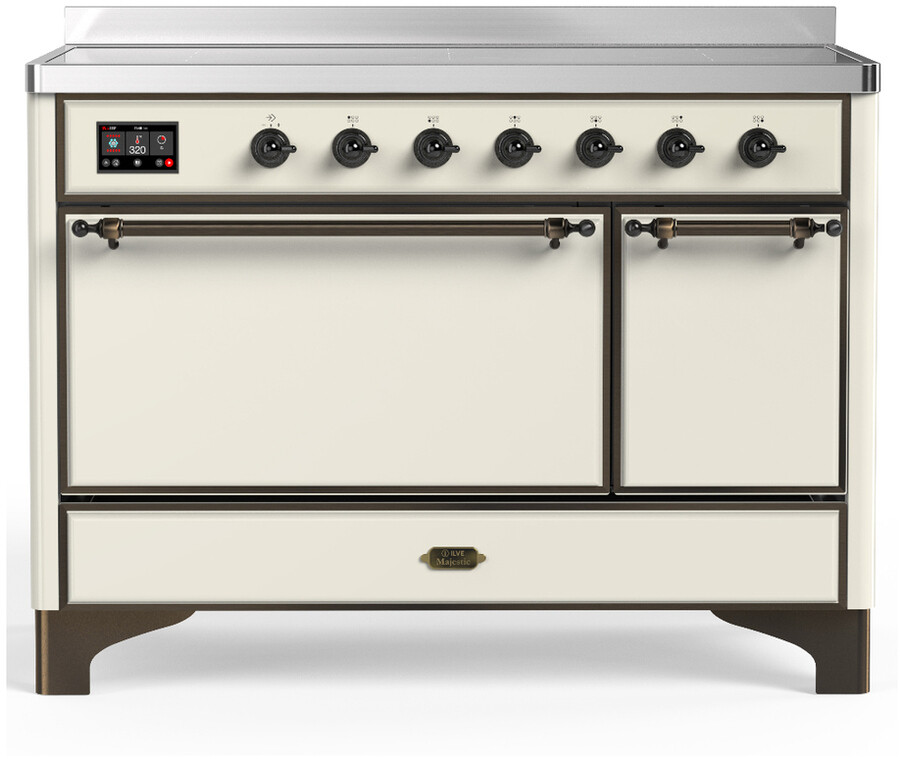 ILVE UMIB48QNR3AWB Majestic III 48 inch Induction Range with 6 Elements, 5.02 cu. ft. Total Dual Oven Capacity (Solid Door, Antique White, Burnished)