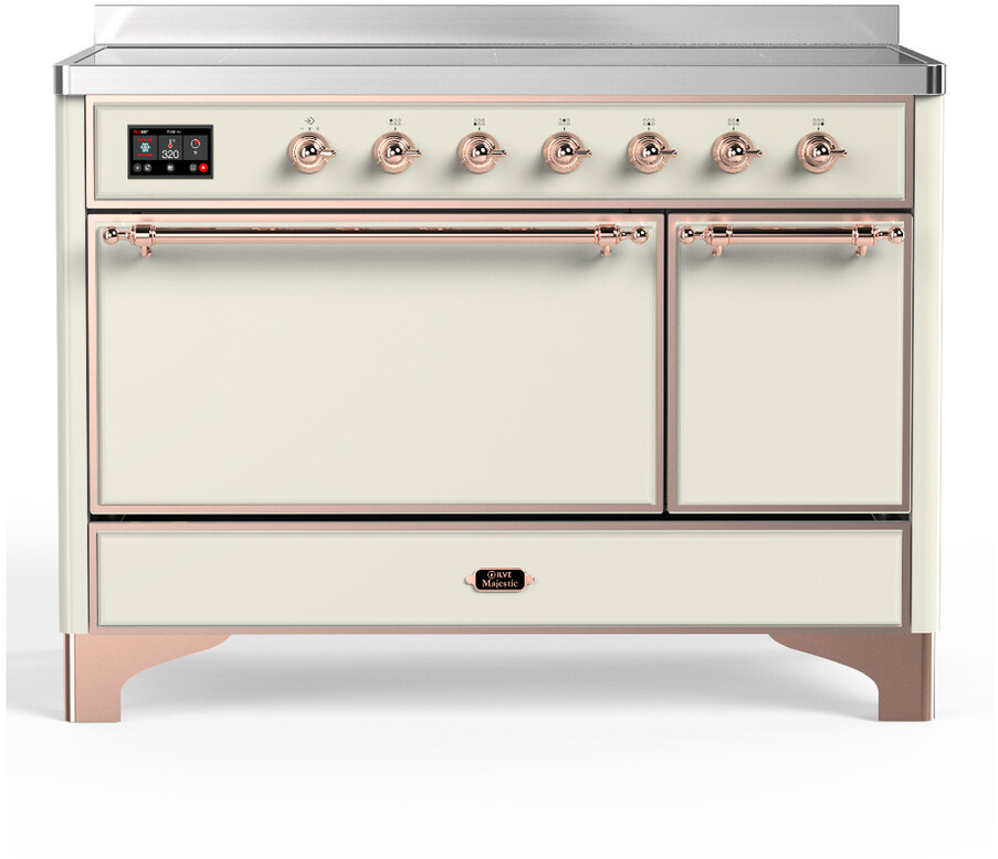 ILVE UMIB48QNR3AWP Majestic III 48 inch Induction Range with 6 Elements, 5.02 cu. ft. Total Dual Oven Capacity (Solid Door, Antique White, Copper)