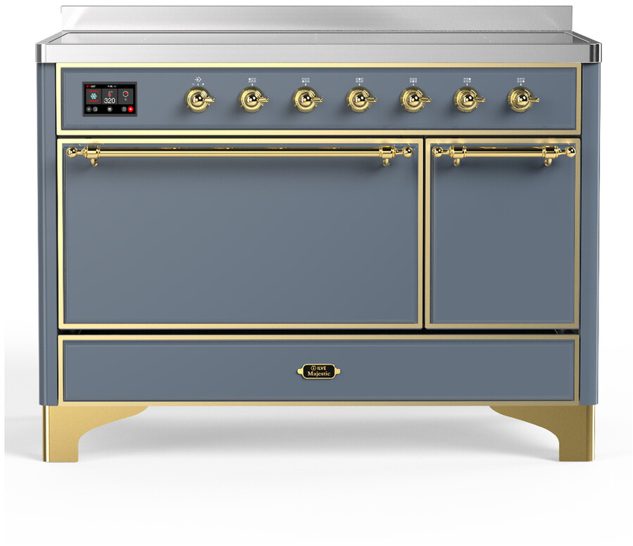 ILVE UMIB48QNR3BGG Majestic III 48 inch Induction Range with 6 Elements, 5.02 cu. ft. Total Dual Oven Capacity (Solid Door, Blue Grey, Brass)
