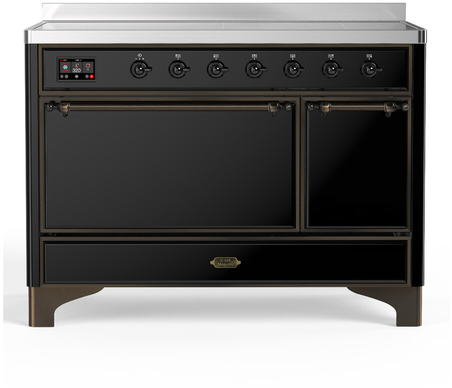 ILVE UMIB48QNR3BKB Majestic III 48 inch Induction Range with 6 Elements, 5.02 cu. ft. Total Dual Oven Capacity (Solid Door, Glossy Black, Burnished)