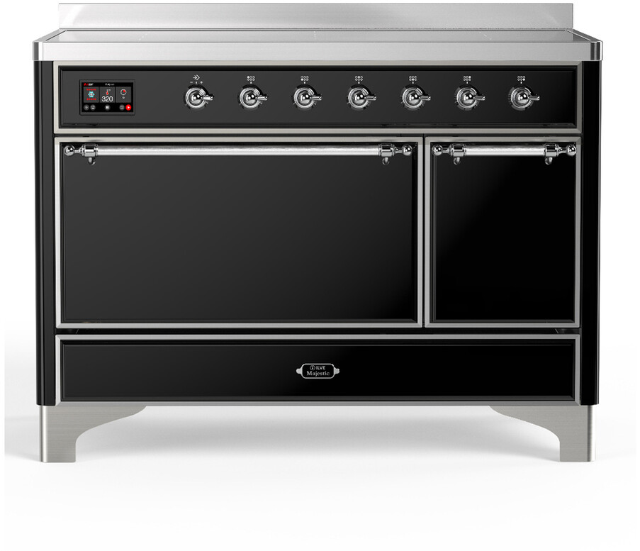 ILVE UMIB48QNR3BKC Majestic III 48 inch Induction Range with 6 Elements, 5.02 cu. ft. Total Dual Oven Capacity (Solid Door, Glossy Black, Chrome)