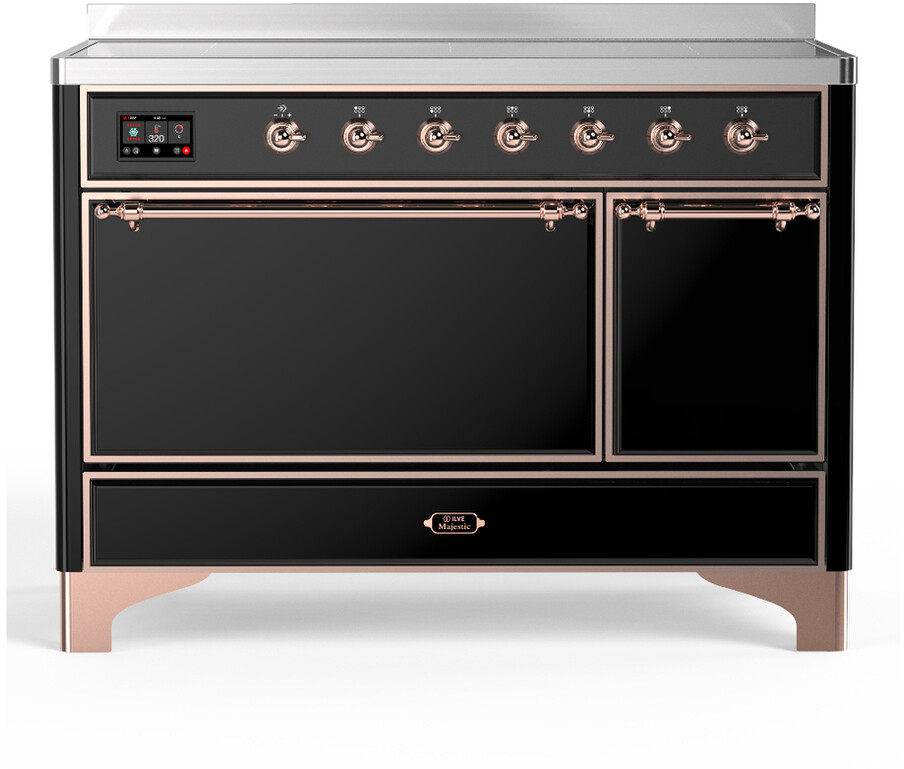 ILVE UMIB48QNR3BKP Majestic III 48 inch Induction Range with 6 Elements, 5.02 cu. ft. Total Dual Oven Capacity (Solid Door, Glossy Black, Copper)