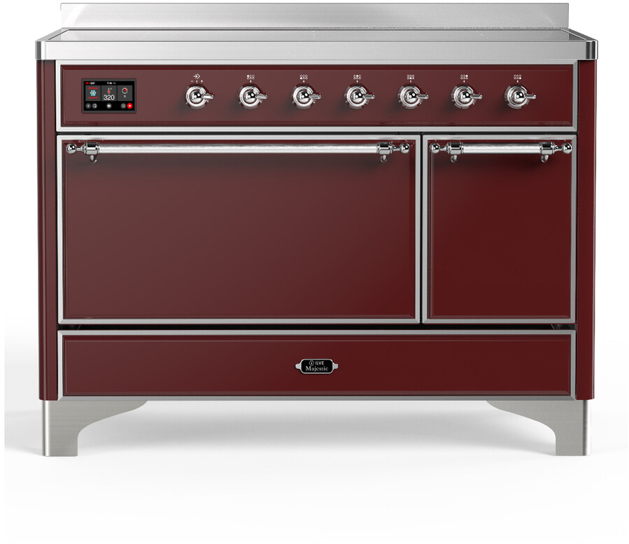 ILVE UMIB48QNR3BUC Majestic III 48 inch Induction Range with 6 Elements, 5.02 cu. ft. Total Dual Oven Capacity (Solid Door, Burgundy, Chrome)