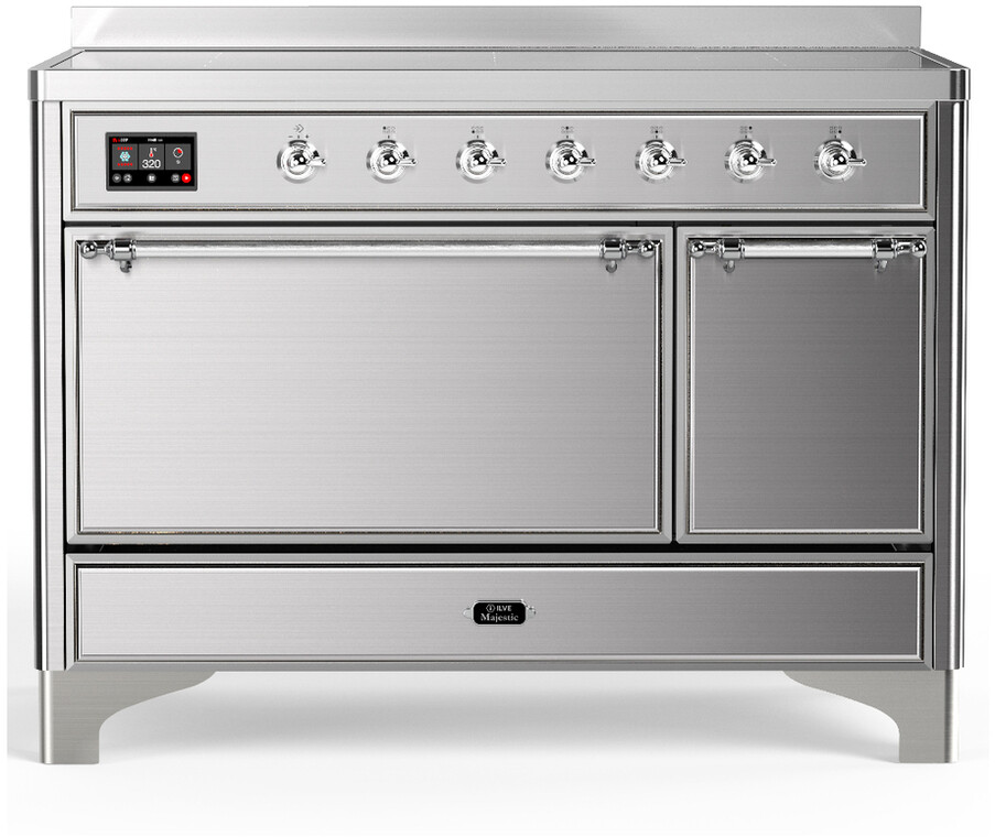 ILVE UMIB48QNR3SSC Majestic III 48 inch Induction Range with 6 Elements, 5.02 cu. ft. Total Dual Oven Capacity (Solid Door, Stainless Steel, Chrome)