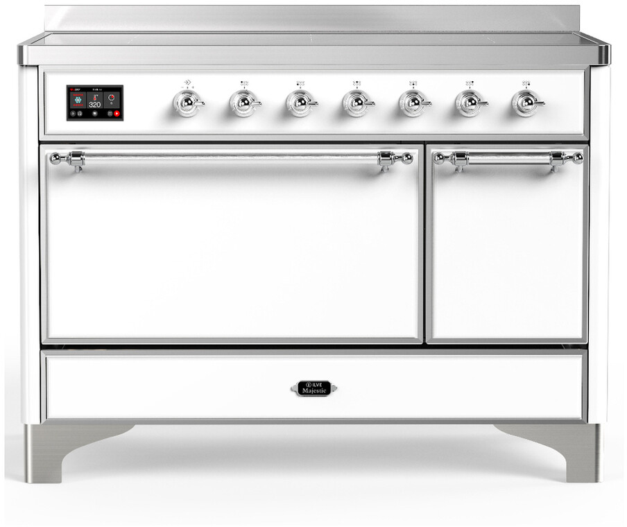 ILVE UMIB48QNR3WHC Majestic III 48 inch Induction Range with 6 Elements, 5.02 cu. ft. Total Dual Oven Capacity (Solid Door, White, Chrome)