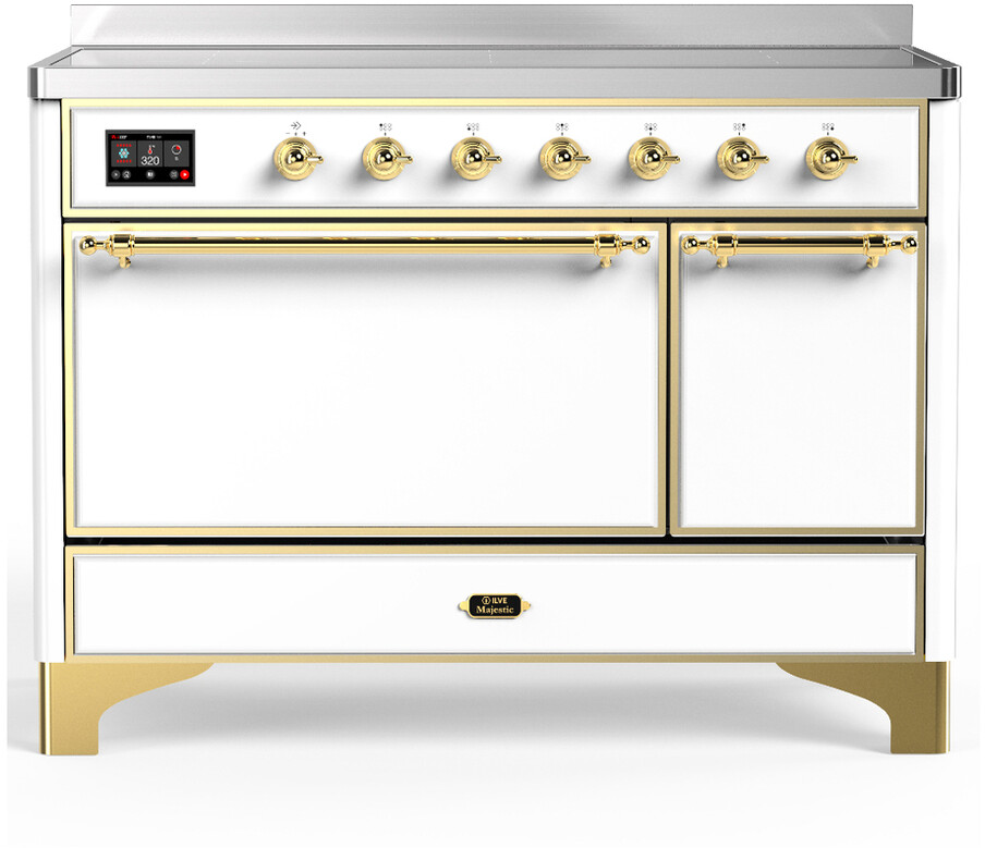 ILVE UMIB48QNR3WHG Majestic III 48 inch Induction Range with 6 Elements, 5.02 cu. ft. Total Dual Oven Capacity (Solid Door, White, Brass)