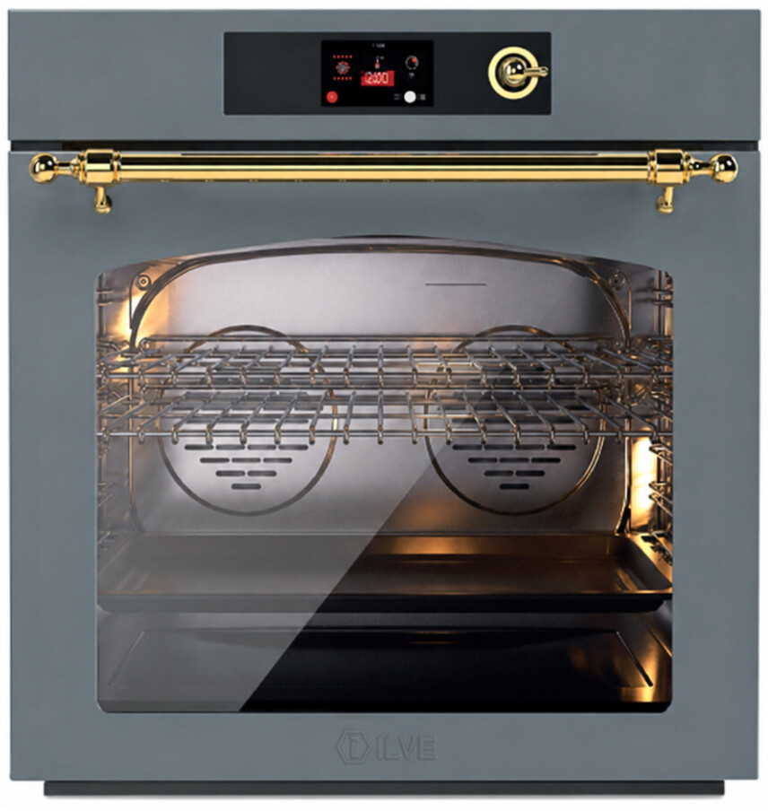 ILVE UOV30NTPYBGG Nostalgie II 30 inch Pyrolytic Single Wall Oven with 4.4 cu. ft. Capacity (Blue Grey, Brass)