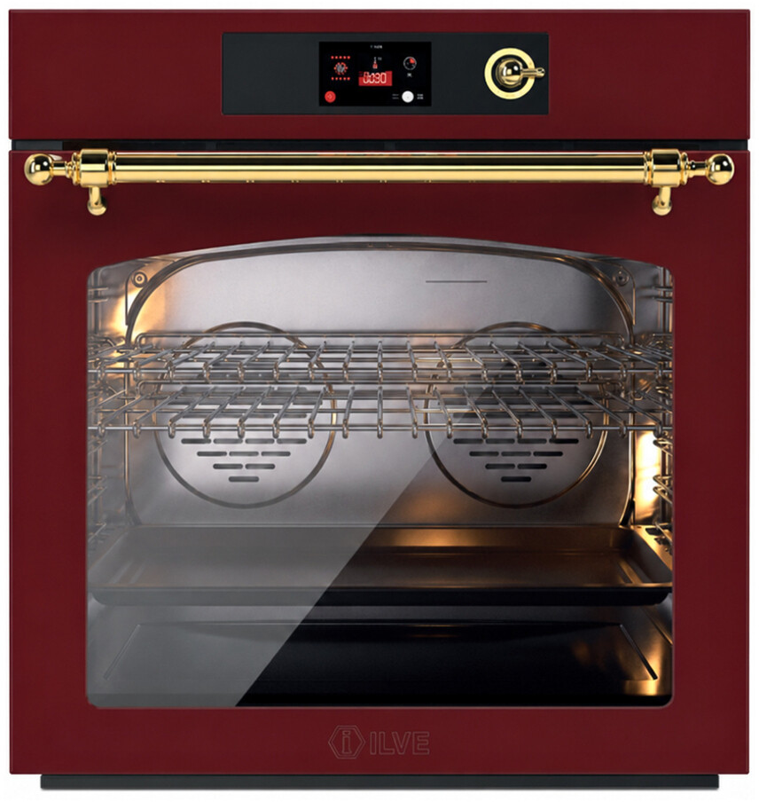ILVE UOV30NTPYBUG Nostalgie II 30 inch Pyrolytic Single Wall Oven with 4.4 cu. ft. Capacity (Burgundy, Brass)