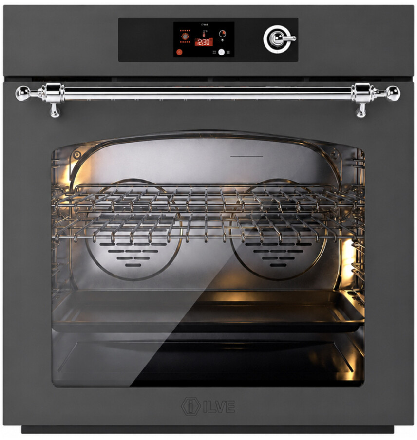 ILVE UOV30NTPYMGC Nostalgie II 30 inch Pyrolytic Single Wall Oven with 4.4 cu. ft. Capacity (Graphite Matte, Chrome)
