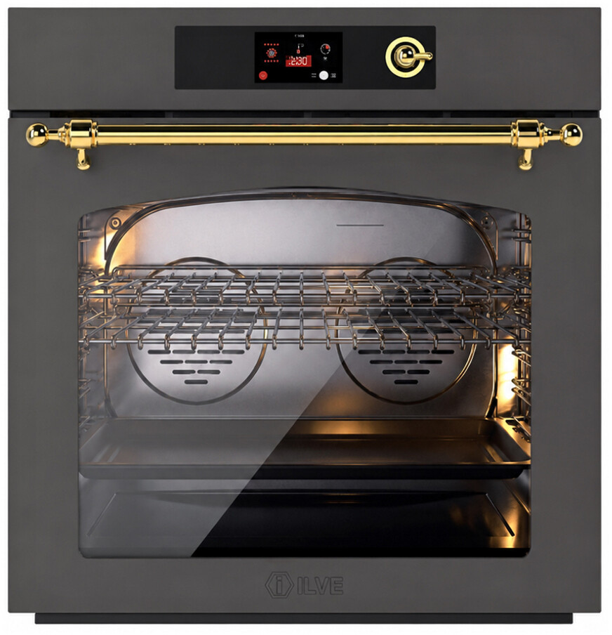 ILVE UOV30NTPYMGG Nostalgie II 30 inch Pyrolytic Single Wall Oven with 4.4 cu. ft. Capacity (Graphite Matte, Brass)
