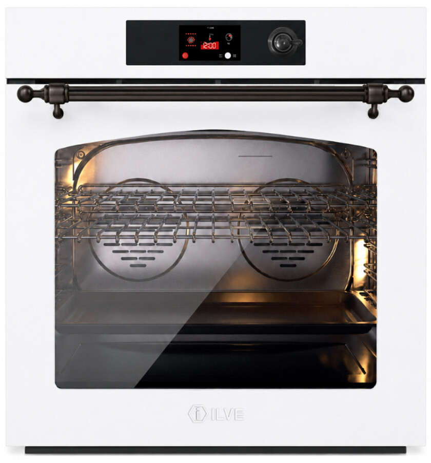 ILVE UOV30NTPYWHB Nostalgie II 30 inch Pyrolytic Single Wall Oven with 4.4 cu. ft. Capacity (White, Burnished)