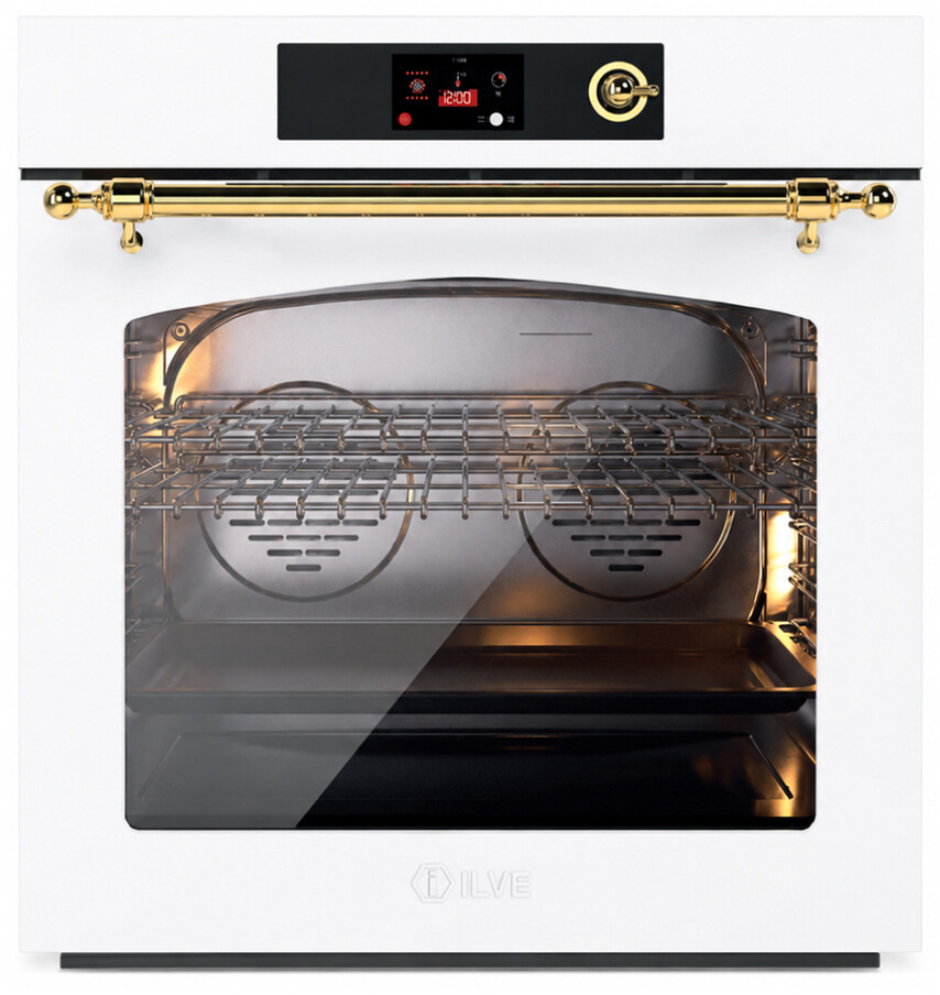 ILVE UOV30NTPYWHG Nostalgie II 30 inch Pyrolytic Single Wall Oven with 4.4 cu. ft. Capacity (White, Brass)
