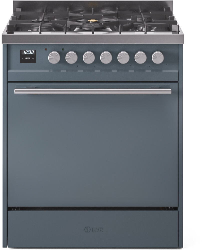 Ilve UP30QMPBG 30 Inch Dual Fuel Natural Gas Freestanding Range - Blue Grey with Trim, 25,000 Btu Dual Function Burner, Non-Stick Oven Interior, Dual