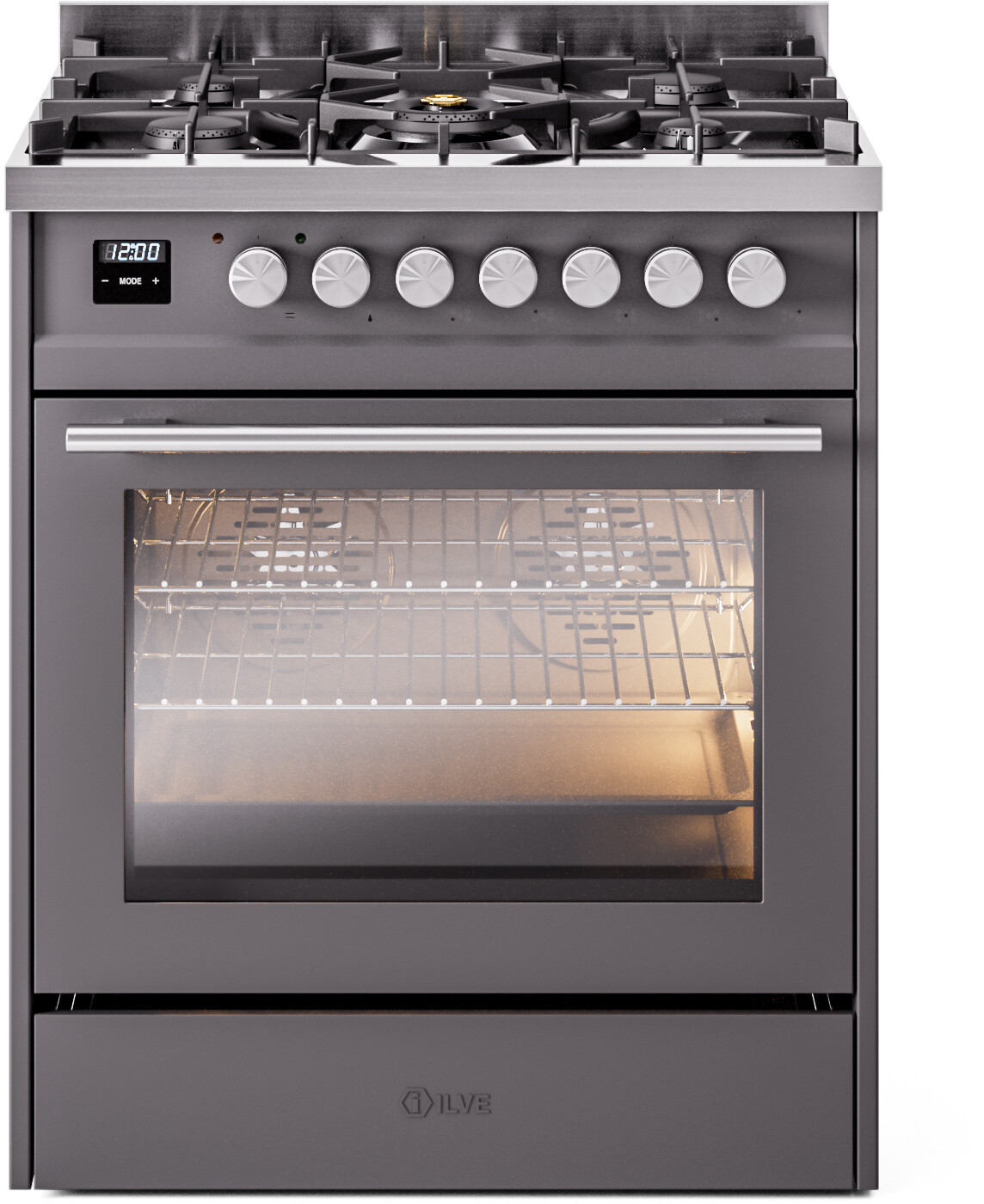 Ilve Professional Plus II 30 Inch Dual Fuel Natural Gas Freestanding Range in Matte Graphite with Trim for Men with 25,000 BTU Energy Star Certified,