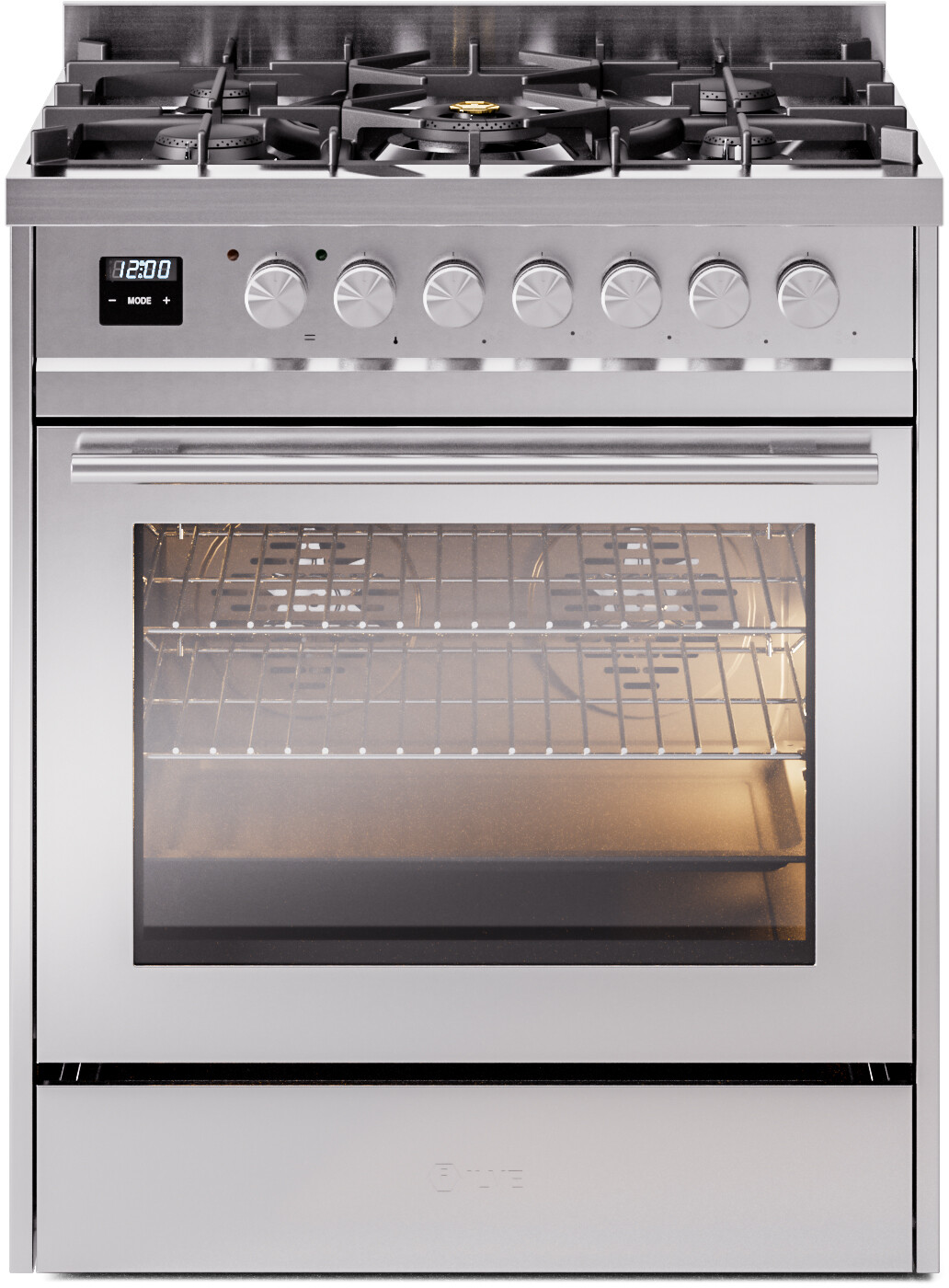 Ilve Professional Plus II 30 Inch Dual Fuel Liquid Propane Freestanding Range in Stainless Steel with Trim - 25,000 Btu Dual Function Burner, Simmer