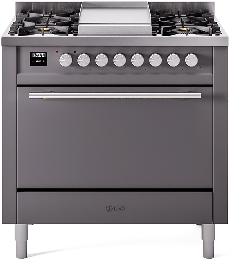 Ilve UP36FQMPMGLP 36 Inch Dual Fuel Liquid Propane Freestanding Range - 25,000 Btu Dual Function Burner, Dual Ovens, Solid Oven Door, Non-Stick Oven