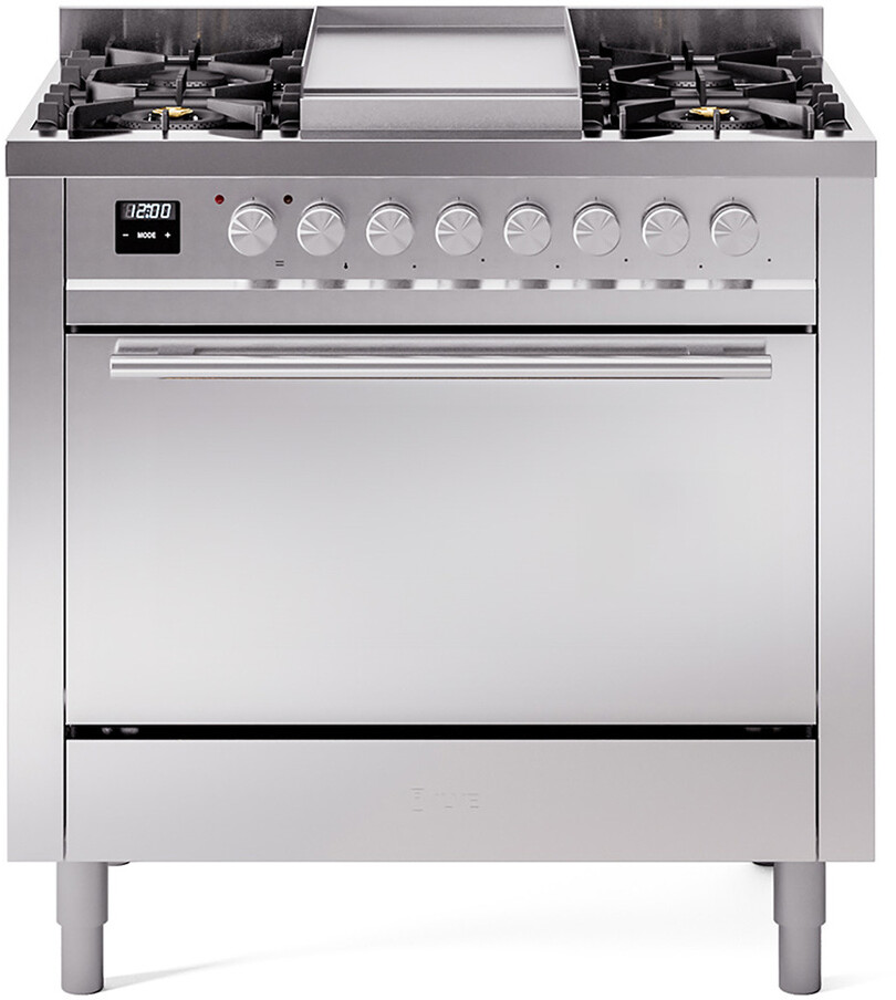 Ilve UP36FQMPSSLP 36 Inch Dual Fuel Liquid Propane Freestanding Range with Trim, 25,000 Btu Dual Function Burner, Dual Ovens, Solid Oven Door, for