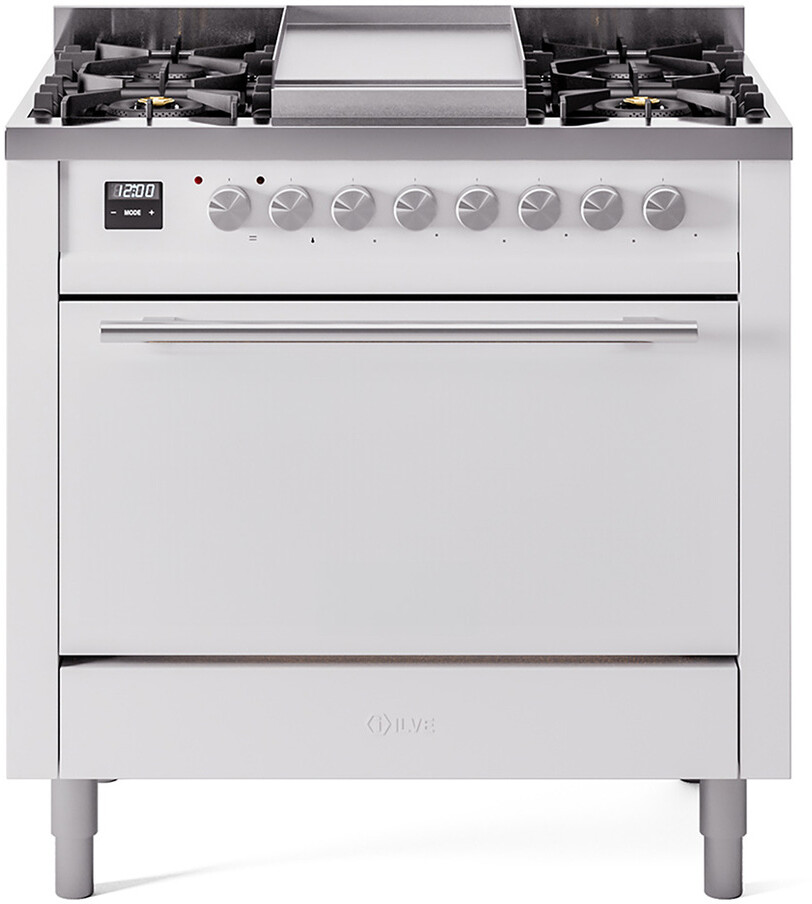 Ilve UP36FQMPWHLP 36 Inch Dual Fuel Liquid Propane Freestanding Range with Trim, 25,000 Btu Dual Function Burner, Dual Ovens, Solid Oven Door, for