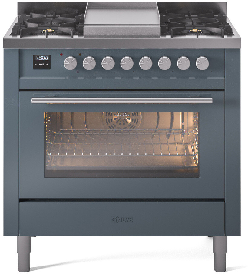 Ilve Professional Plus II 36 Inch Dual Fuel Liquid Propane Freestanding Range in Blue Grey with Trim - Dual Ovens, 25,000 Btu Burner, Non-Stick Oven