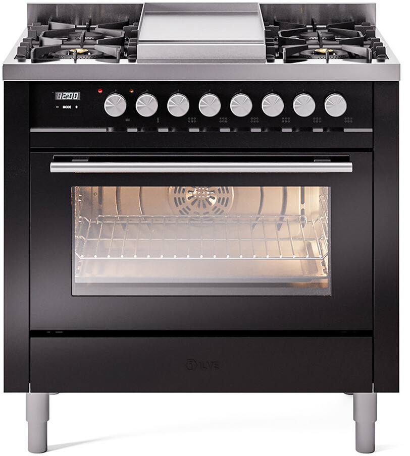 Ilve Professional Plus II 36 Inch Dual Fuel Natural Gas Freestanding Range in Glossy Black with Trim for Kitchen