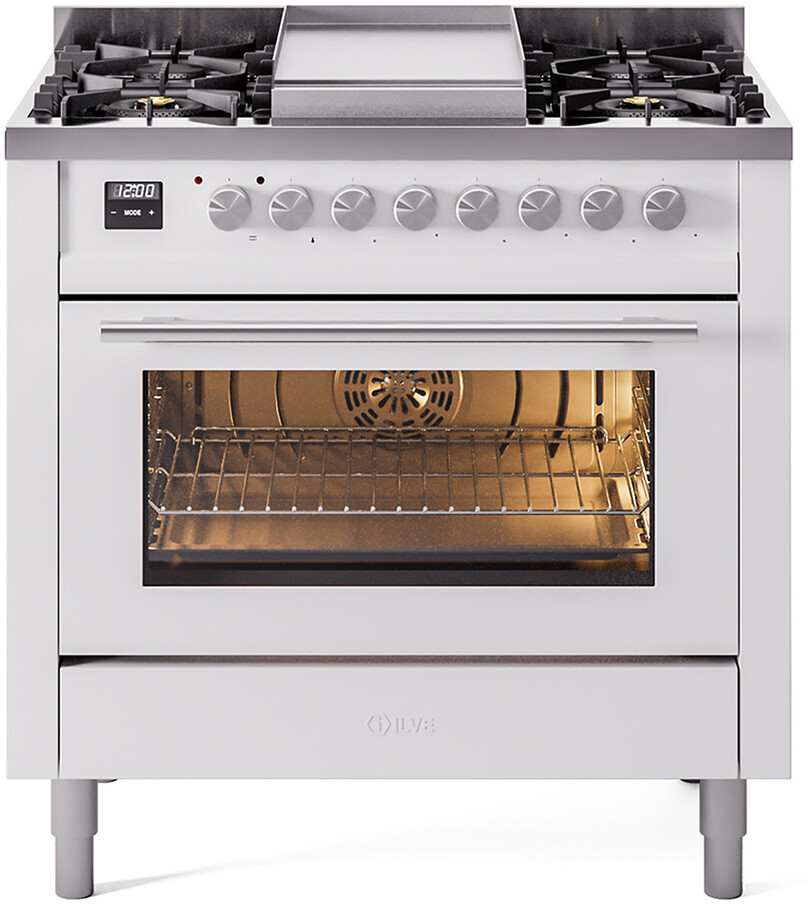 Ilve Professional Plus II 36 Inch Dual Fuel Natural Gas Freestanding Range in White with Trim - Dual Ovens, 25,000 Btu Burner, Natural Gas