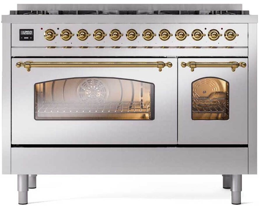 ILVE UP488NMPSSG Nostalgie II 48 inch Dual Fuel Range with 8 Black Brass Sealed Burners, Brass Trim (Limited Edition) (Natural Gas, Stainless Steel)