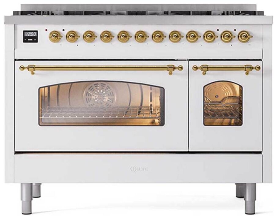 ILVE UP488NMPWHGLP Nostalgie II 48 inch Dual Fuel Range with 8 Black Brass Sealed Burners, Brass Trim (Limited Edition) (Liquid Propane, White)