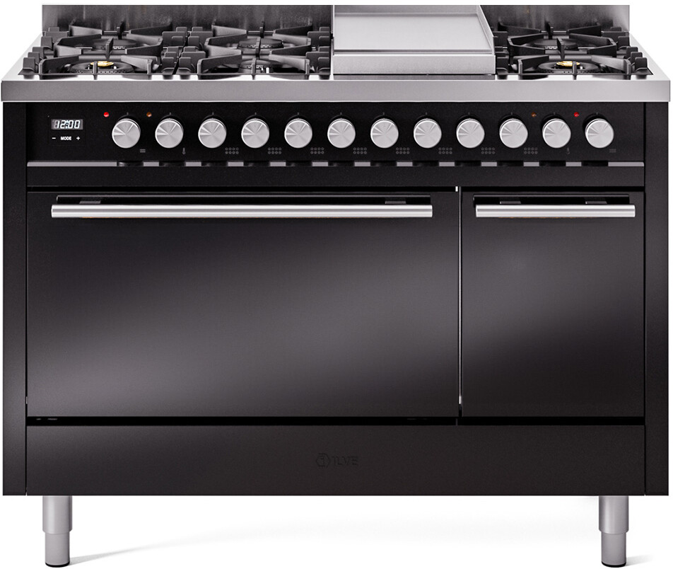 Ilve UP48FQMPBKLP 48 Inch Dual Fuel Liquid Propane Freestanding Range - Black with Trim, 25,000 Btu Dual Function Burner, Non-Stick Oven Interior,