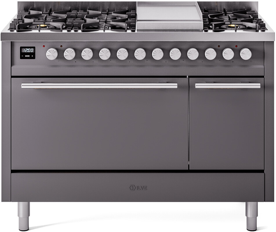 Ilve UP48FQMPMG 48 Inch Dual Fuel Natural Gas Freestanding Range - Matte Graphite Finish, 25,000 Btu Burner, Non-Stick Oven Interior