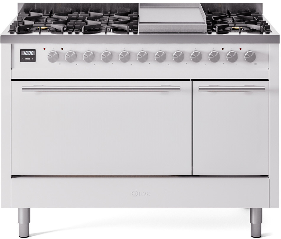 ILVE UP48FQMPWHLP Professional Plus II 48 inch Dual Fuel Range  (8 Sealed Burners + Griddle, Liquid Propane, Solid Door, White)