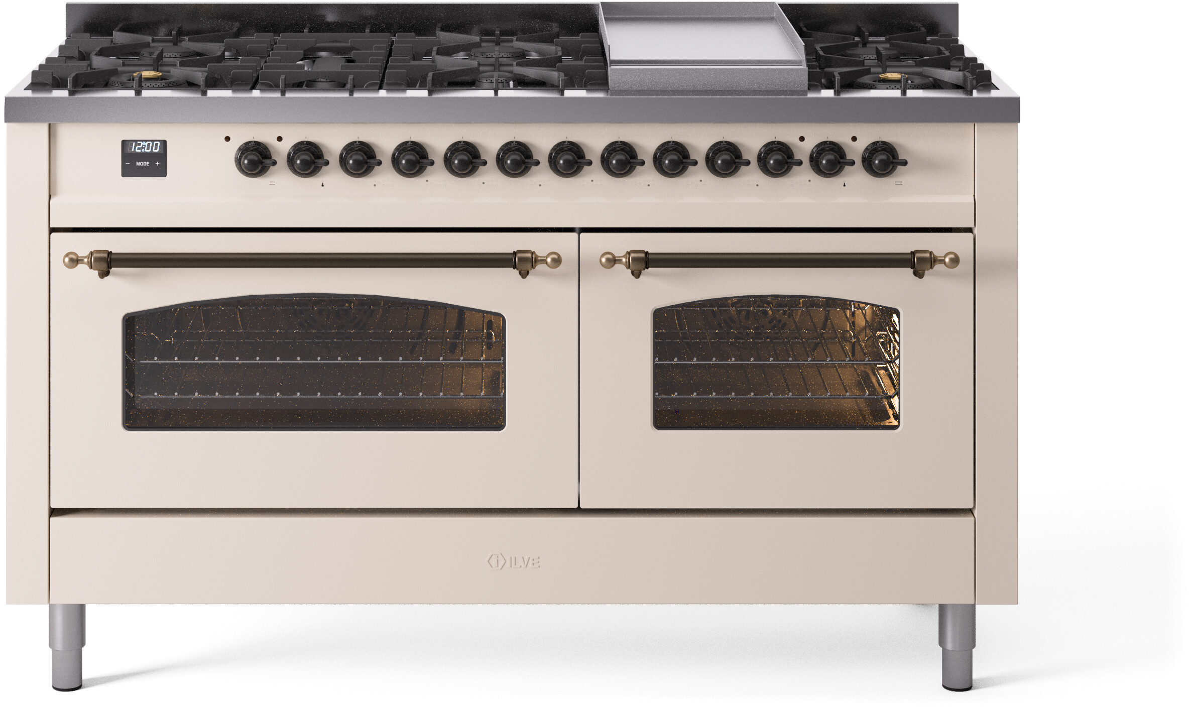 ILVE UP60FNMPAWBLP Nostalgie II 60 inch Dual Fuel Range with 5.8 cu. ft. Total Double Oven Capacity (9 Sealed Burners + Griddle, Liquid Propane, Triple Glass Door, Antique White, Burnished)