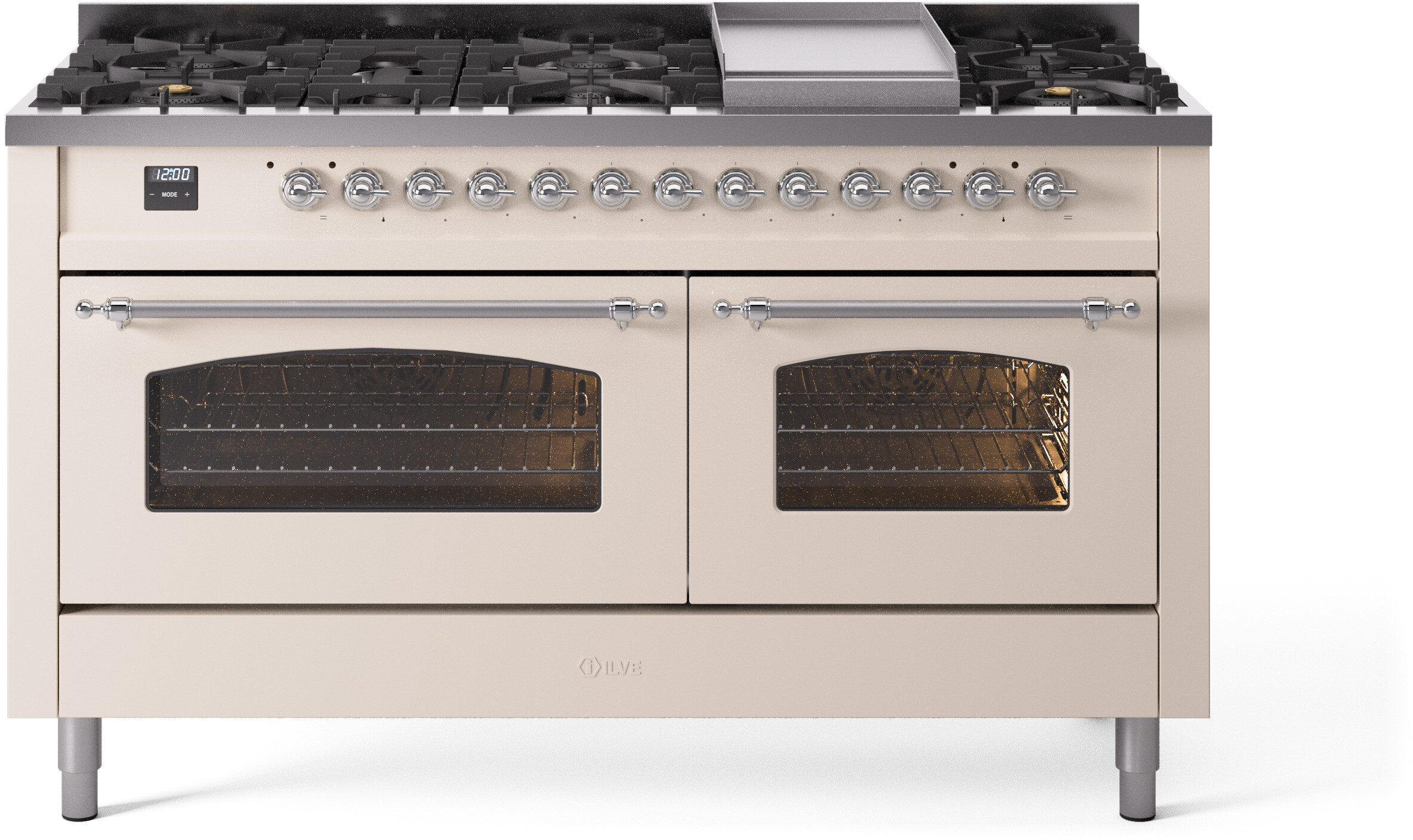 ILVE UP60FNMPAWCLP Nostalgie II 60 inch Dual Fuel Range with 5.8 cu. ft. Total Double Oven Capacity (9 Sealed Burners + Griddle, Liquid Propane, Triple Glass Door, Antique White, Chrome)