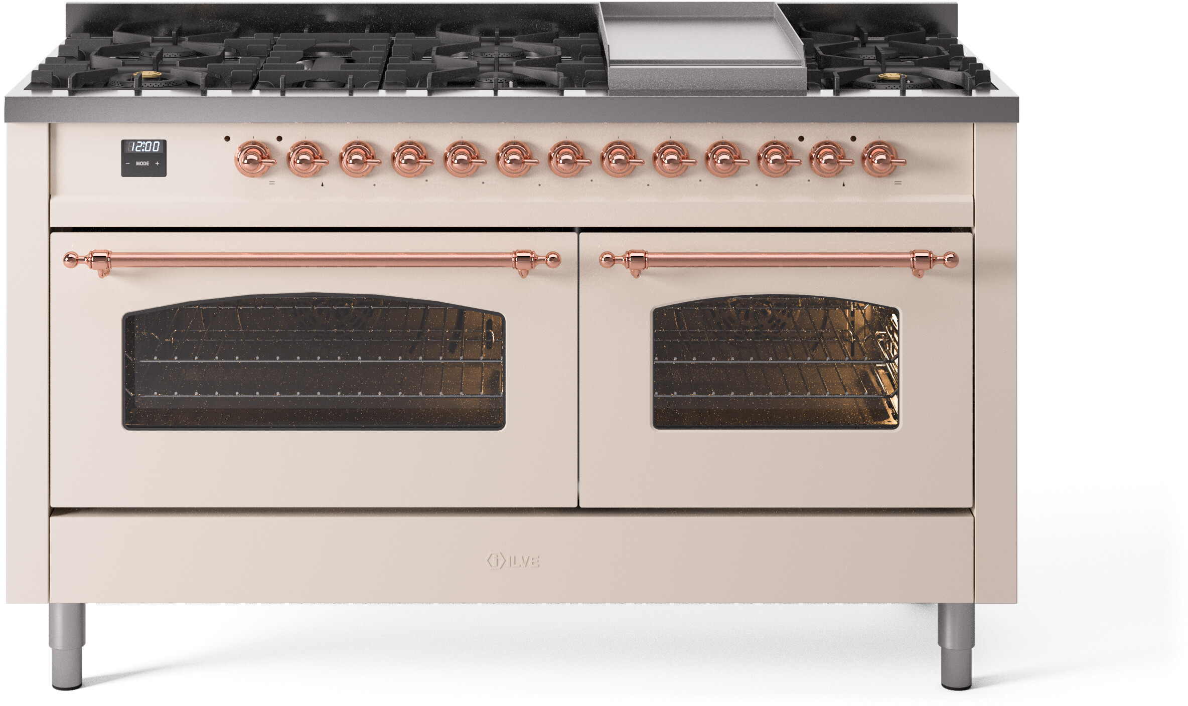 ILVE UP60FNMPAWPLP Nostalgie II 60 inch Dual Fuel Range with 5.8 cu. ft. Total Double Oven Capacity (9 Sealed Burners + Griddle, Liquid Propane, Triple Glass Door, Antique White, Copper)