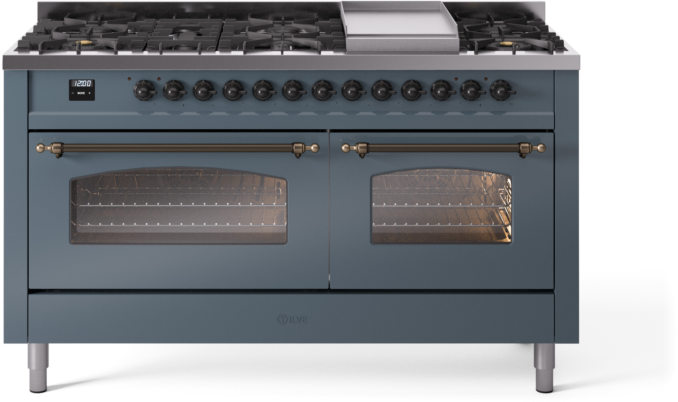 ILVE UP60FNMPBGBLP Nostalgie II 60 inch Dual Fuel Range with 5.8 cu. ft. Total Double Oven Capacity (9 Sealed Burners + Griddle, Liquid Propane, Triple Glass Door, Blue Grey, Burnished)