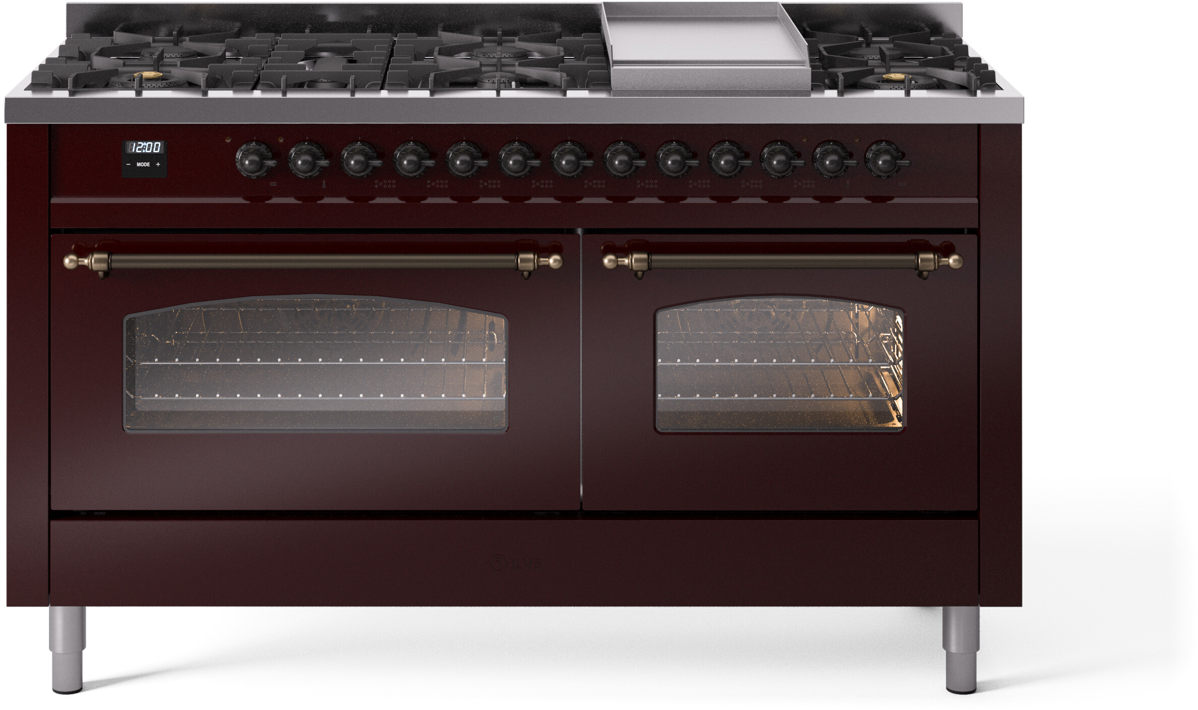 ILVE UP60FNMPBUBLP Nostalgie II 60 inch Dual Fuel Range with 5.8 cu. ft. Total Double Oven Capacity (9 Sealed Burners + Griddle, Liquid Propane, Triple Glass Door, Burgundy, Burnished)