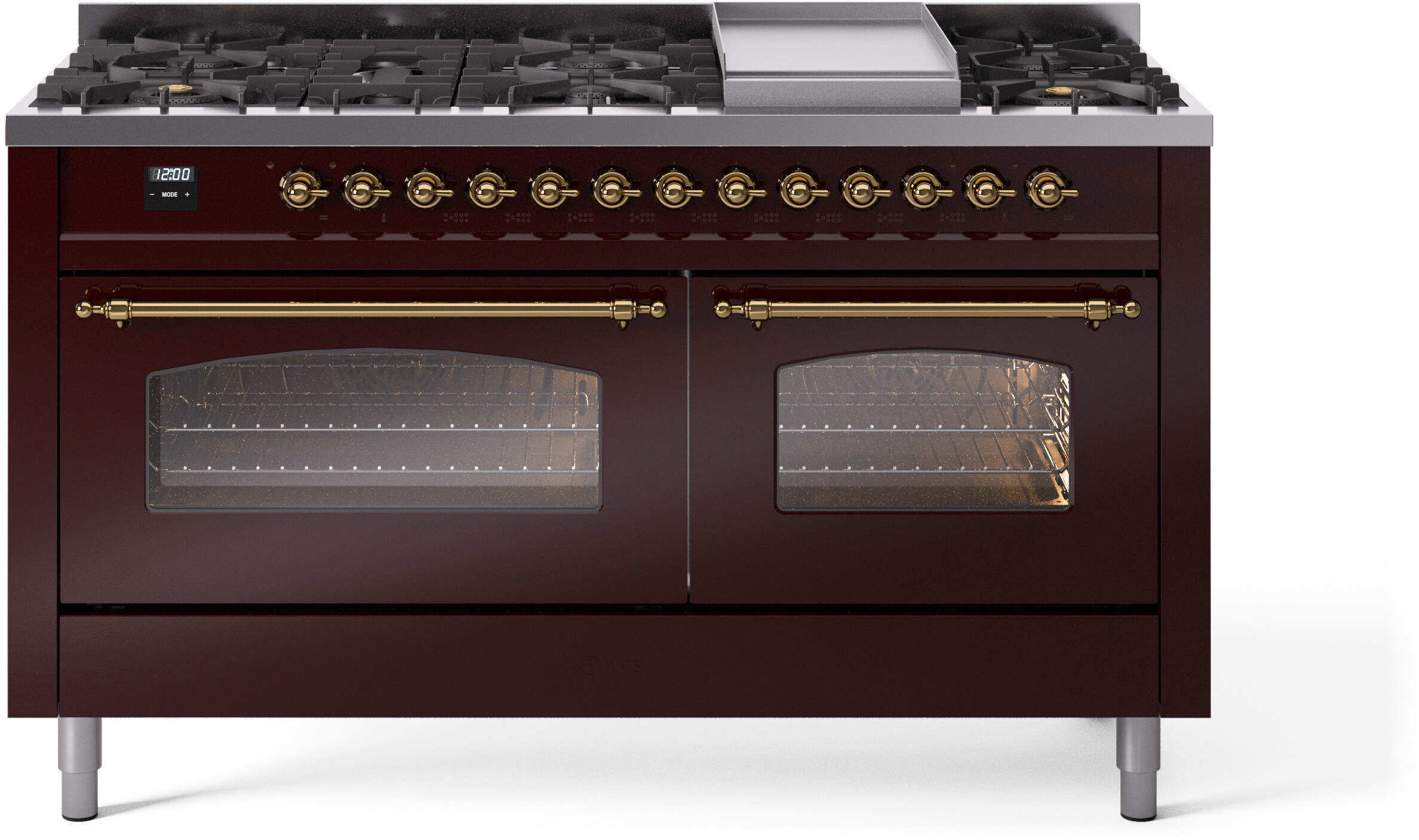 ILVE UP60FNMPBUGLP Nostalgie II 60 inch Dual Fuel Range with 5.8 cu. ft. Total Double Oven Capacity (9 Sealed Burners + Griddle, Liquid Propane, Triple Glass Door, Burgundy, Brass)