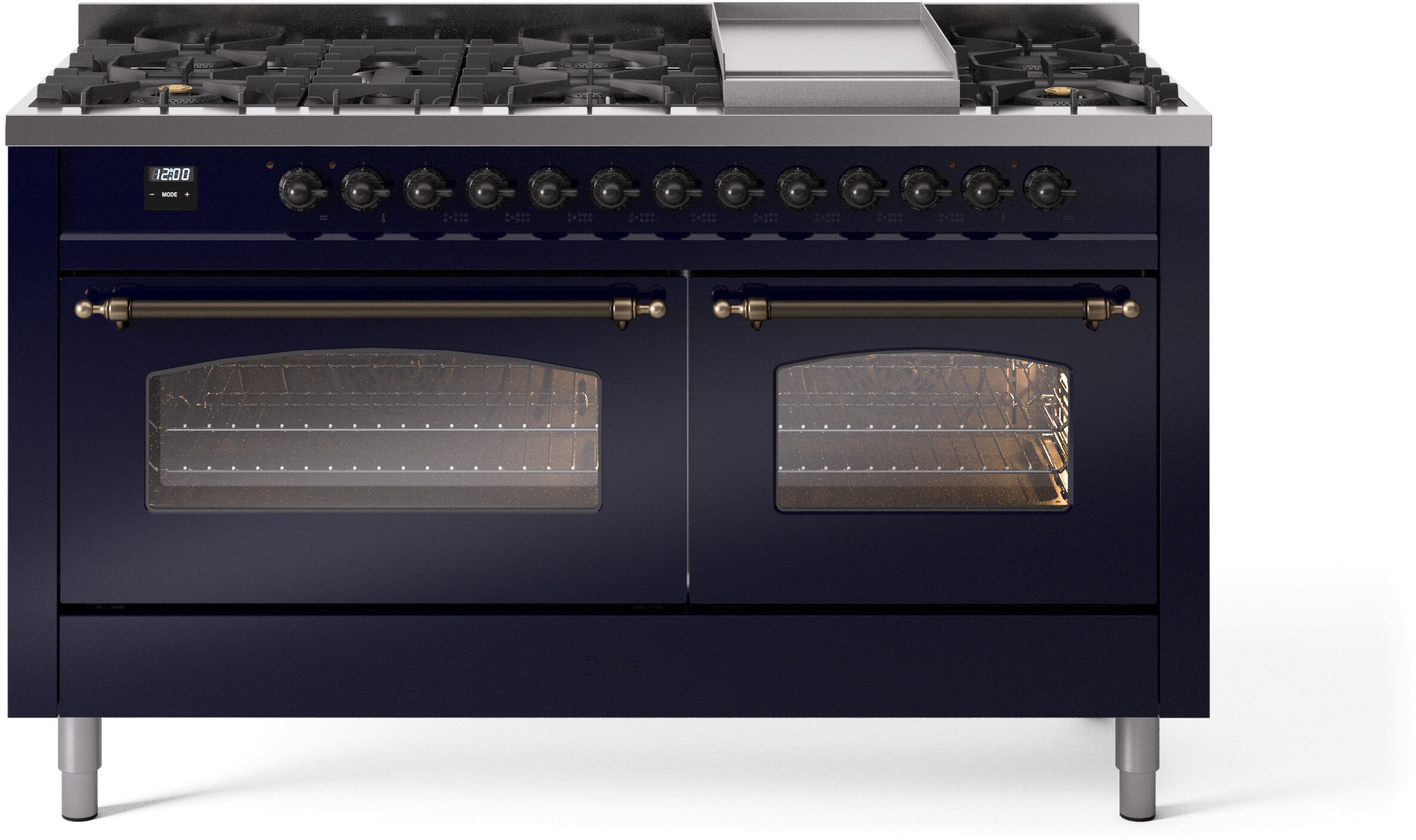 ILVE UP60FNMPMBBLP Nostalgie II 60 inch Dual Fuel Range with 5.8 cu. ft. Total Double Oven Capacity (9 Sealed Burners + Griddle, Liquid Propane, Triple Glass Door, Midnight Blue, Burnished)