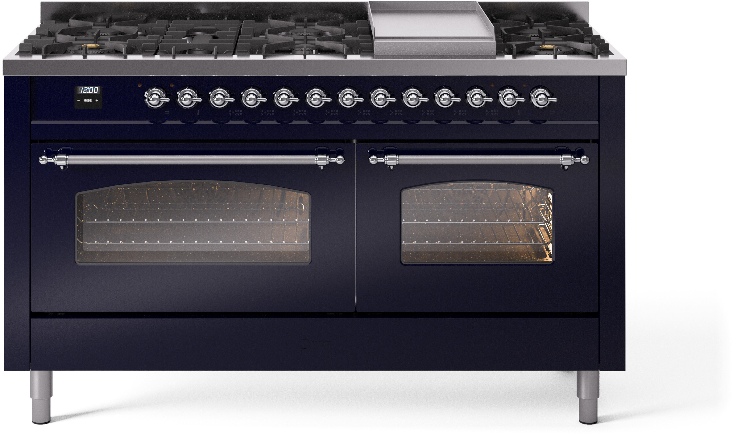 ILVE UP60FNMPMBCLP Nostalgie II 60 inch Dual Fuel Range with 5.8 cu. ft. Total Double Oven Capacity (9 Sealed Burners + Griddle, Liquid Propane, Triple Glass Door, Midnight Blue, Chrome)