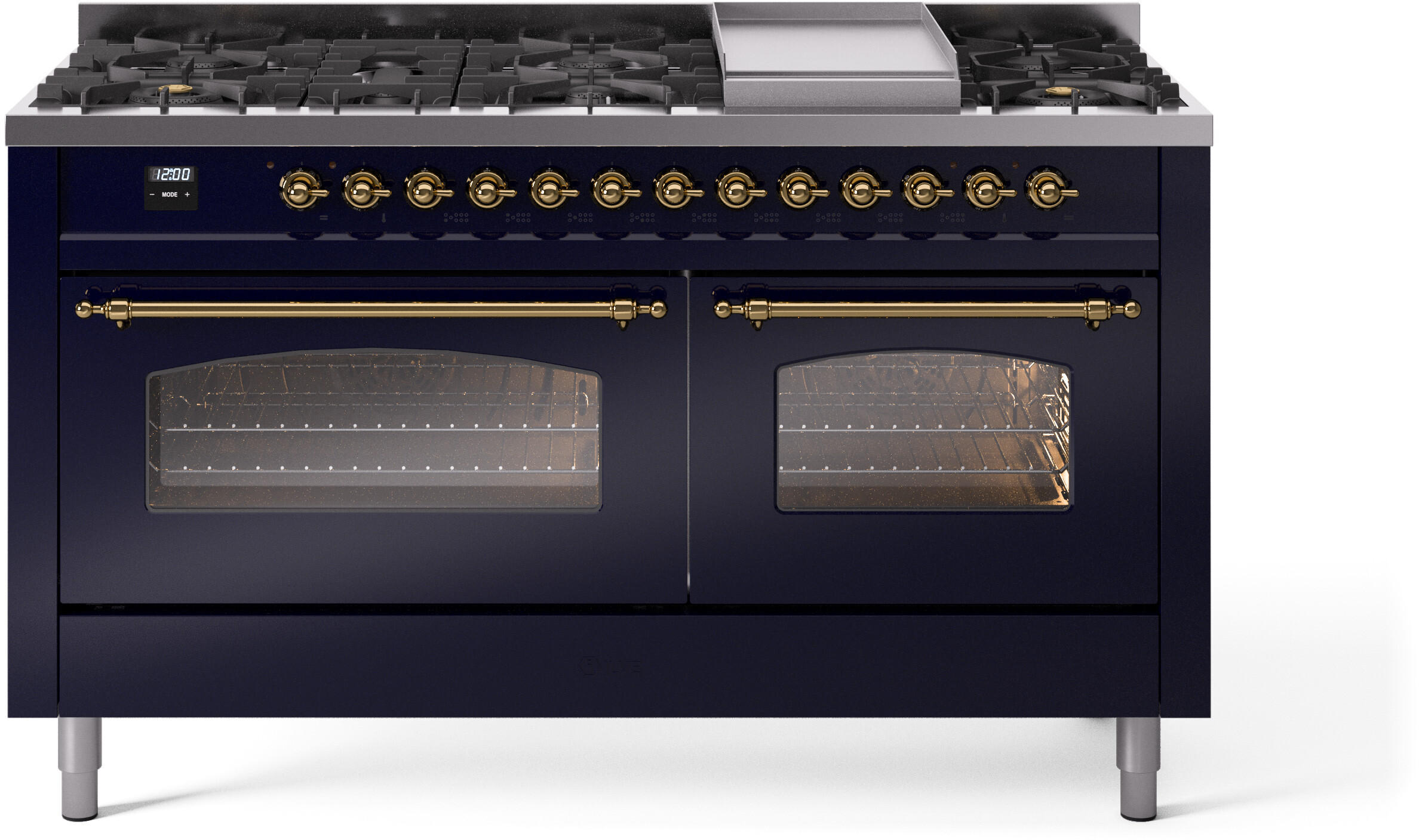 ILVE UP60FNMPMBGLP Nostalgie II 60 inch Dual Fuel Range with 5.8 cu. ft. Total Double Oven Capacity (9 Sealed Burners + Griddle, Liquid Propane, Triple Glass Door, Midnight Blue, Brass)