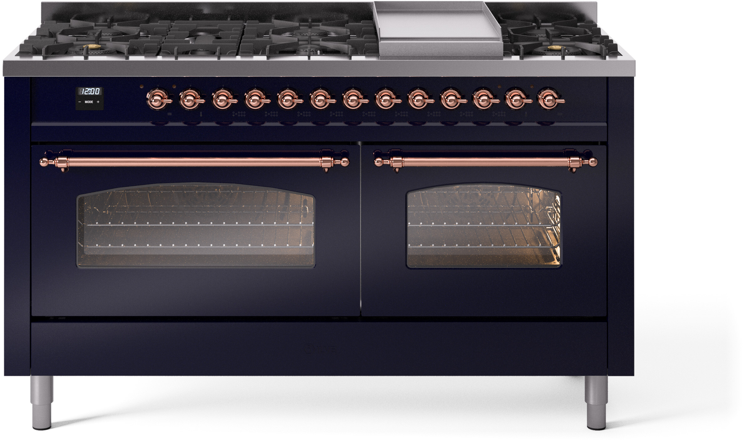 ILVE UP60FNMPMBPLP Nostalgie II 60 inch Dual Fuel Range with 5.8 cu. ft. Total Double Oven Capacity (9 Sealed Burners + Griddle, Liquid Propane, Triple Glass Door, Midnight Blue, Copper)