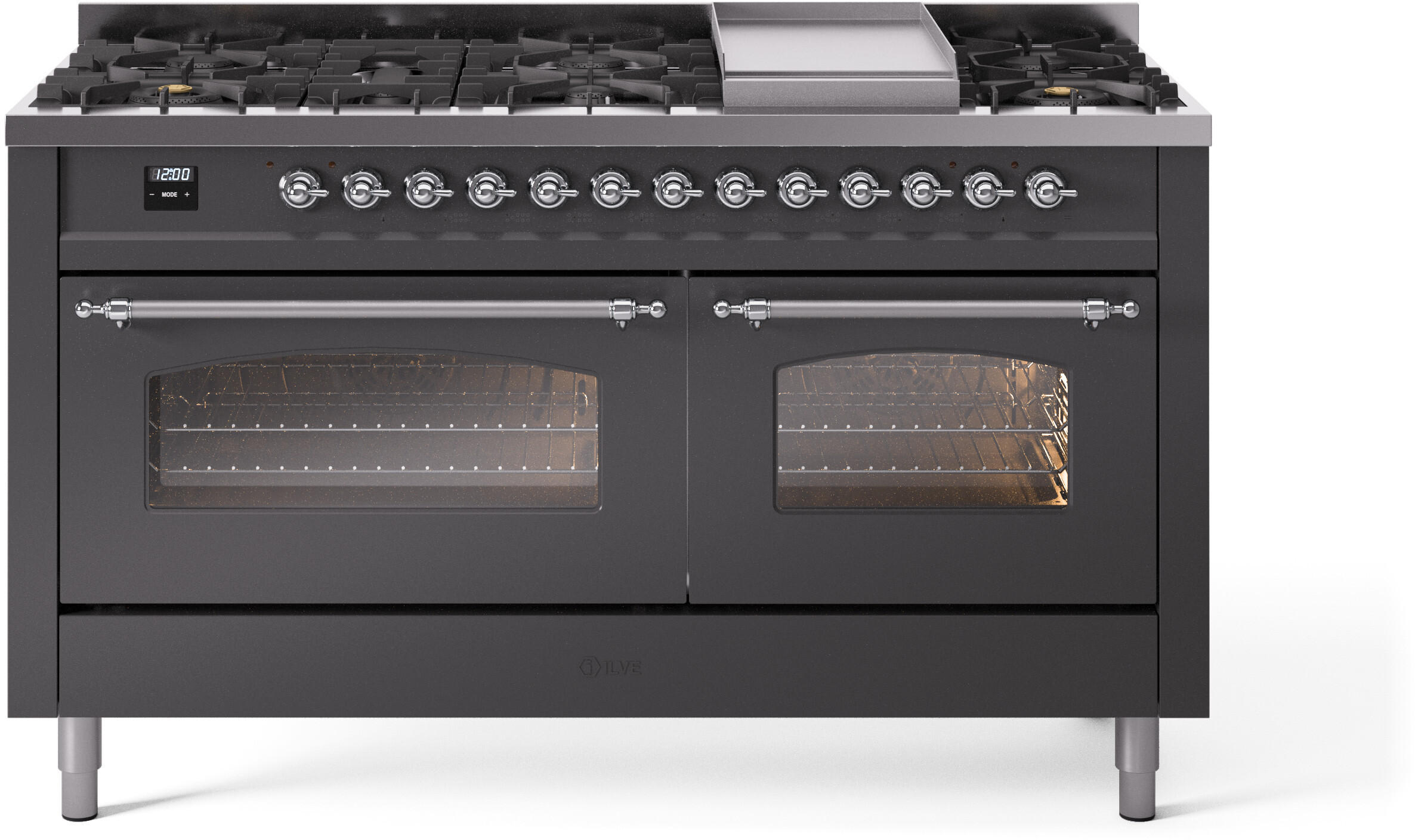 ILVE UP60FNMPMGCLP Nostalgie II 60 inch Dual Fuel Range with 5.8 cu. ft. Total Double Oven Capacity (9 Sealed Burners + Griddle, Liquid Propane, Triple Glass Door, Graphite Matte, Chrome)