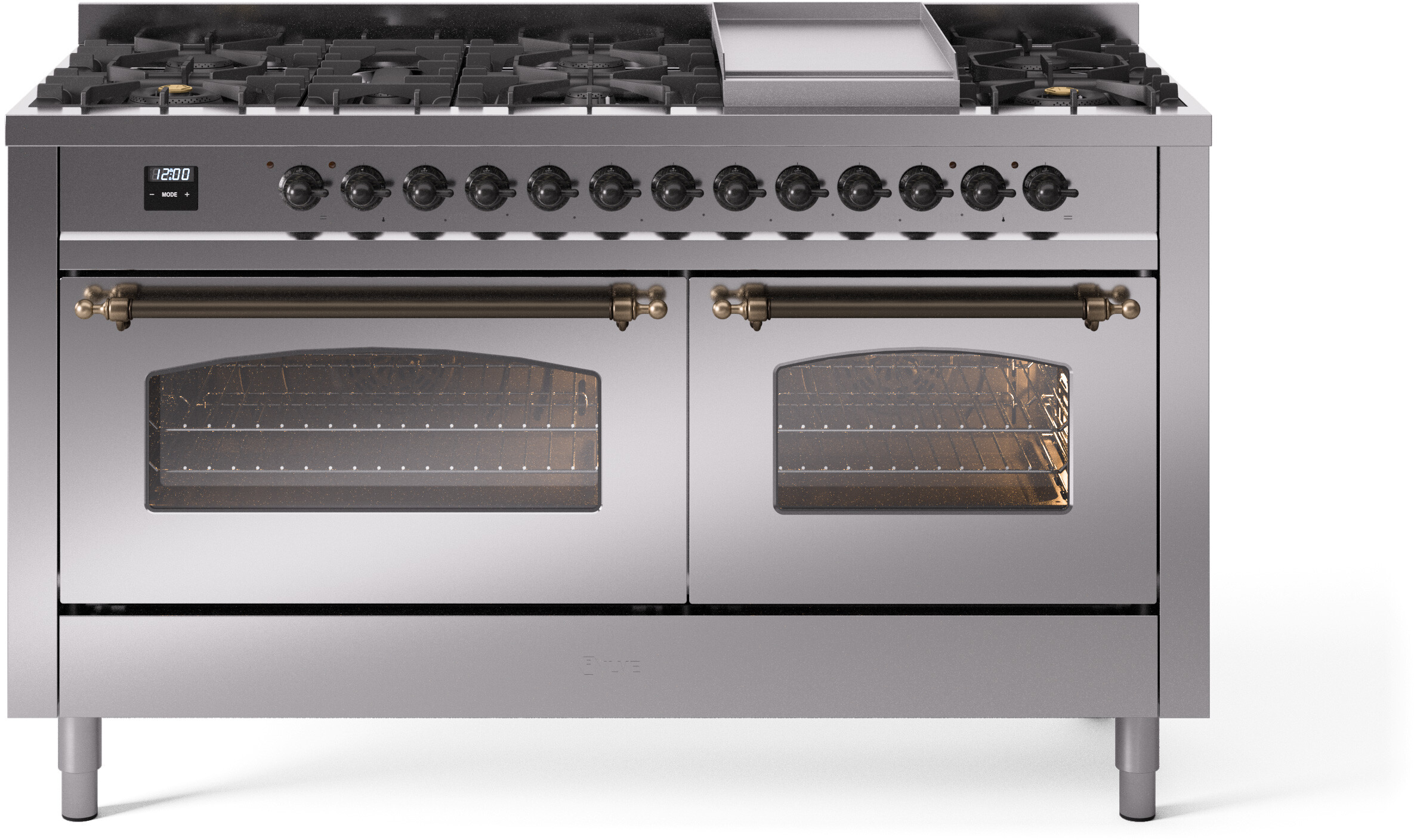 ILVE UP60FNMPSSBLP Nostalgie II 60 inch Dual Fuel Range with 5.8 cu. ft. Total Double Oven Capacity (9 Sealed Burners + Griddle, Liquid Propane, Triple Glass Door, Stainless Steel, Burnished)