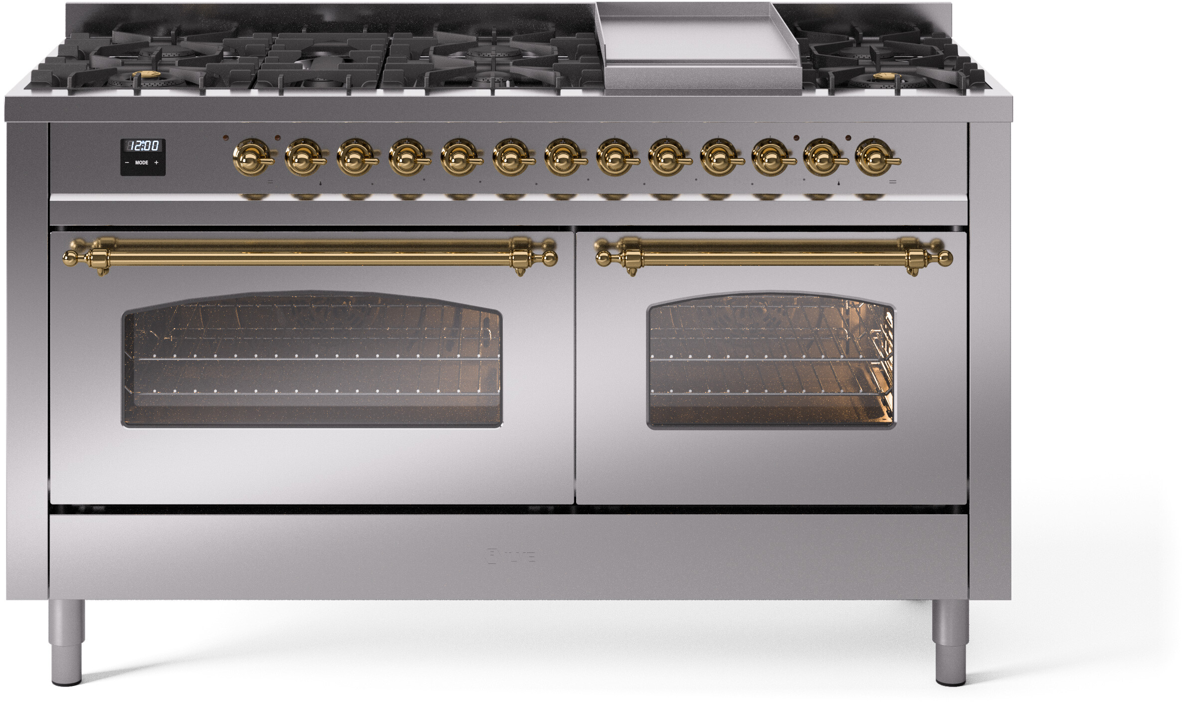 ILVE UP60FNMPSSGLP Nostalgie II 60 inch Dual Fuel Range with 5.8 cu. ft. Total Double Oven Capacity (9 Sealed Burners + Griddle, Liquid Propane, Triple Glass Door, Stainless Steel, Brass)
