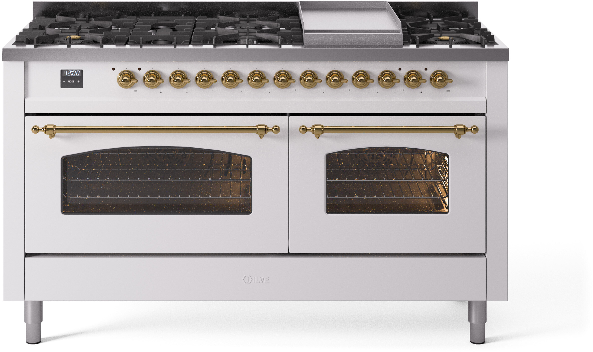ILVE UP60FNMPWHGLP Nostalgie II 60 inch Dual Fuel Range with 5.8 cu. ft. Total Double Oven Capacity (9 Sealed Burners + Griddle, Liquid Propane, Triple Glass Door, White, Brass)