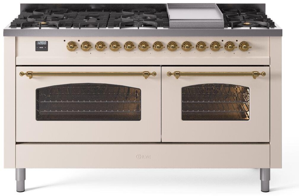 ILVE UP60FNMPAWGLP Nostalgie II 60 inch Dual Fuel Range with 5.8 cu. ft. Total Double Oven Capacity (9 Sealed Burners + Griddle, Liquid Propane, Triple Glass Door, Antique White, Brass)