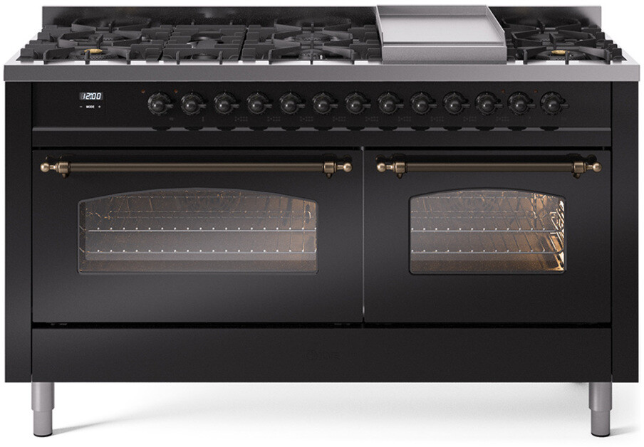 ILVE UP60FNMPBKBLP Nostalgie II 60 inch Dual Fuel Range with 5.8 cu. ft. Total Double Oven Capacity (9 Sealed Burners + Griddle, Liquid Propane, Triple Glass Door, Glossy Black, Burnished)