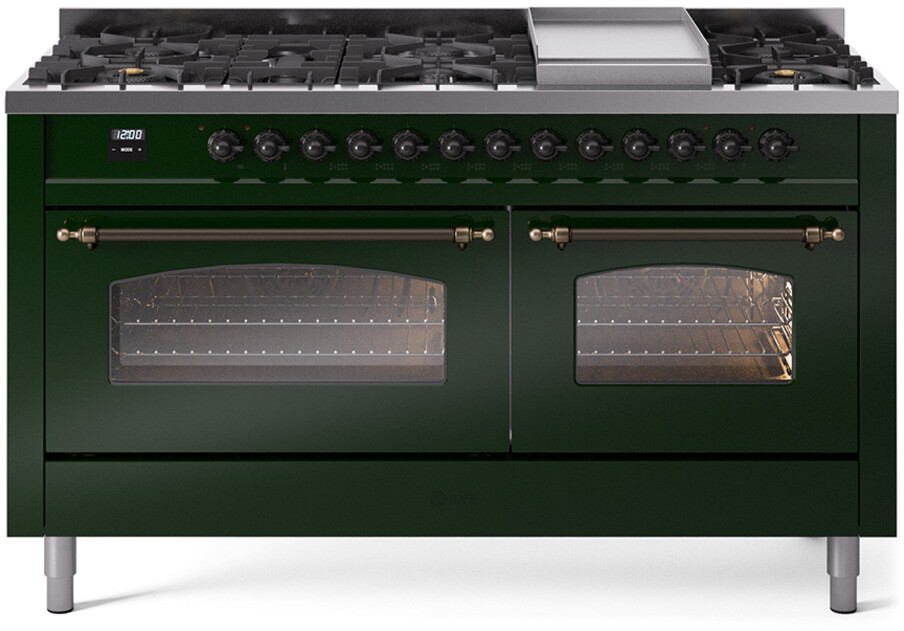 ILVE UP60FNMPEGBLP Nostalgie II 60 inch Dual Fuel Range with 5.8 cu. ft. Total Double Oven Capacity (9 Sealed Burners + Griddle, Liquid Propane, Triple Glass Door, Emerald Green, Burnished)